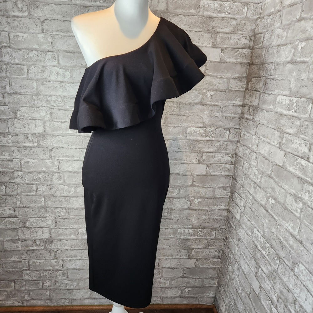 Lulus Cocktail Dress One Shoulder‎ Ruffle Asymmetrical Bodycon Black Small
